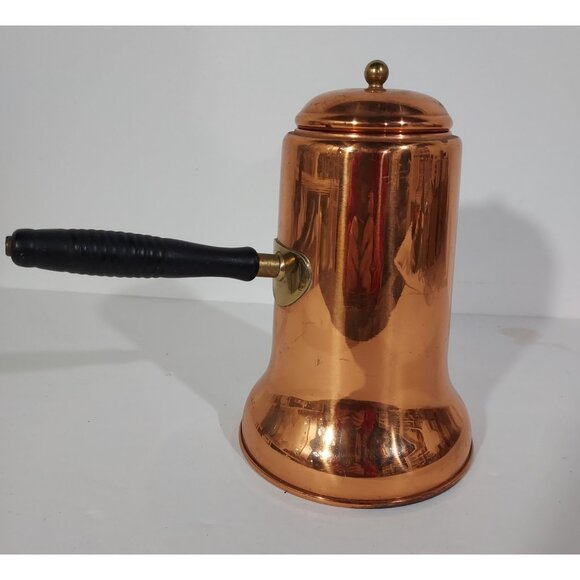 Copper Pot Chocolate Coffee Tea Kettle 8” Brass Wood Side Handle Vintage - Picture 12 of 13